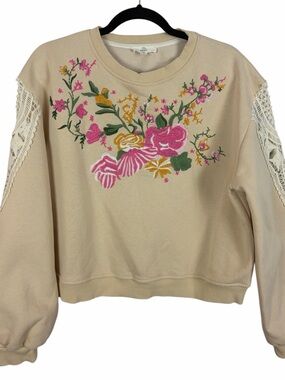 Entro Embroidered Floral Sweatshirt Lace Sleeve Boho Cream Pullover Medium